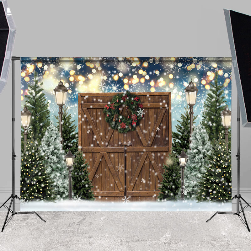 Lofaris Wood Door Snow Glitter Bokeh Backdrop For Chrismas