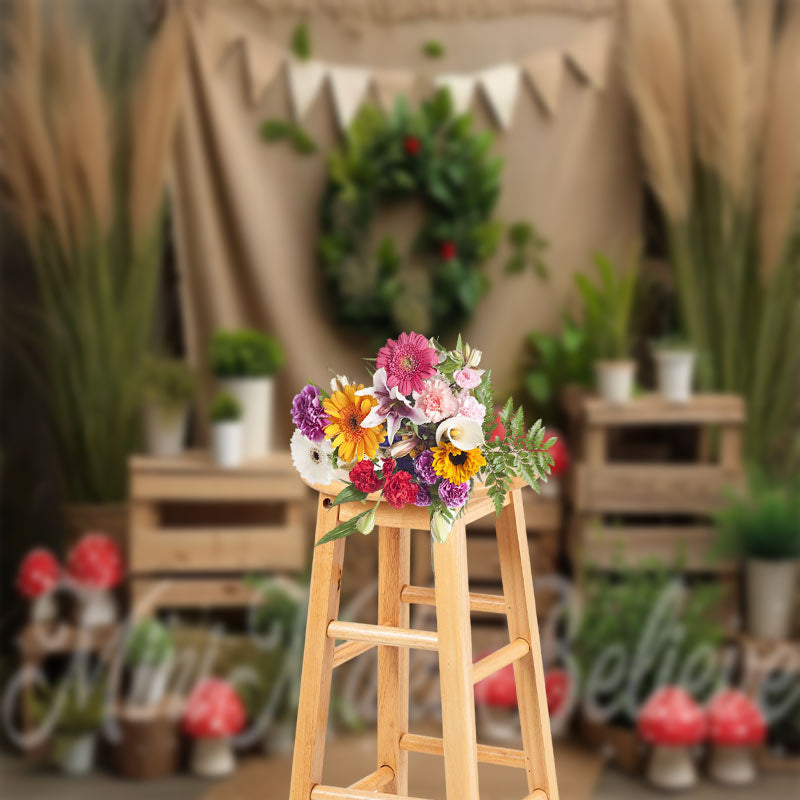 Lofaris Wood Green Plant Linen Birthday Cake Smash Backdrop