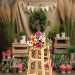 Lofaris Wood Green Plant Linen Birthday Cake Smash Backdrop