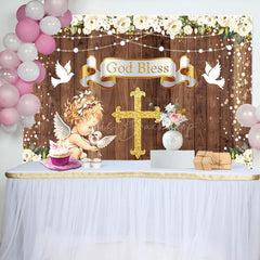 Lofaris Wood Lattice Cross Angel God Bless Baptism Backdrop