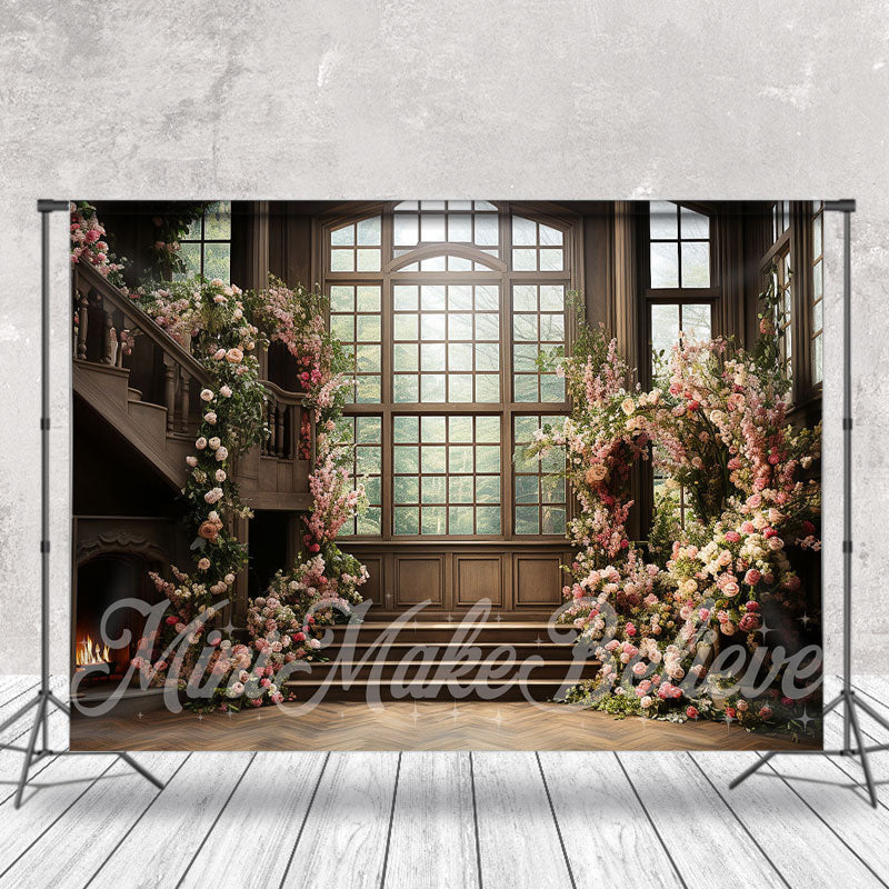 Lofaris Wood Living Room Window Pink Floral Spring Backdrop