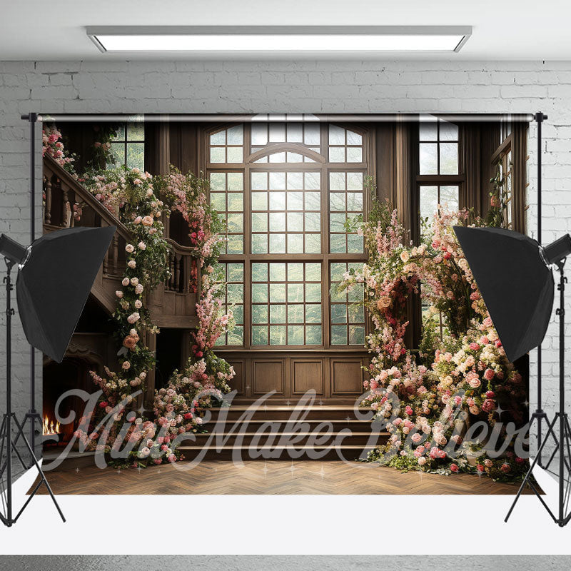 Lofaris Wood Living Room Window Pink Floral Spring Backdrop