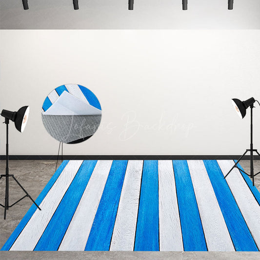 Lofaris Wood Vintage Blue White Vertical Stripe Floor Mat