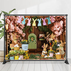 Lofaris Wood Wall Floral Bunny Stuffed Toys Easter Backdrop