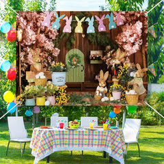 Lofaris Wood Wall Floral Bunny Stuffed Toys Easter Backdrop