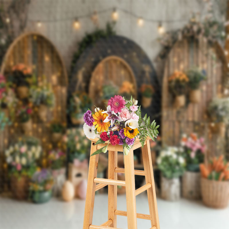 Lofaris Wooden Arch Grey Wall Foral Easter Photo Backdrop