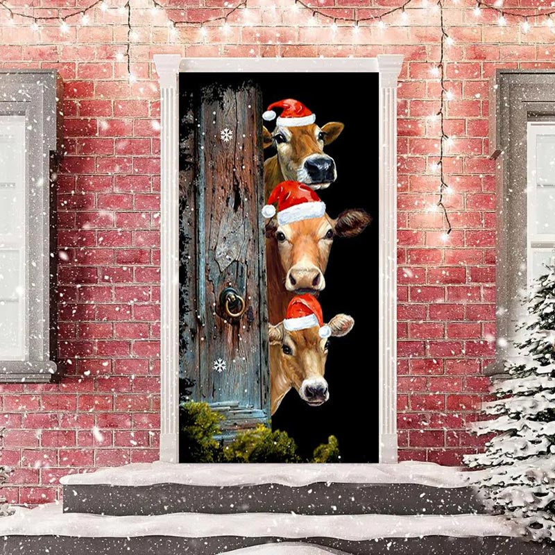 Lofaris Wooden Board Cow Xmas Hat Black Christmas Door Cover