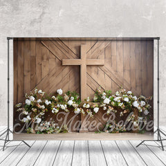 Lofaris Wooden Board Wall Flowers Cross Easter Photo Backdrop