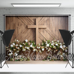 Lofaris Wooden Board Wall Flowers Cross Easter Photo Backdrop