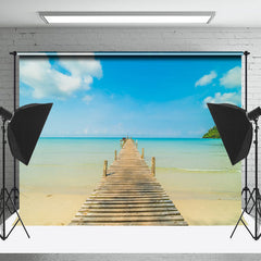 Lofaris Wooden Bridge Beach Blue Sea Mountain Photo Backdrop