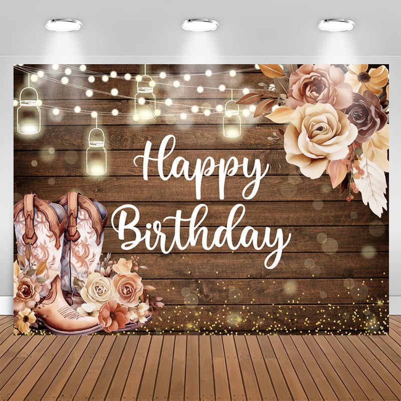 Lofaris Wooden Cowboy Floral Light Bokeh Birthday Backdrop