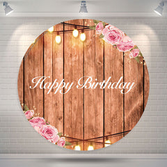 Lofaris Wooden Floral Light Round Happy Birthday Backdrop