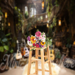 Lofaris Wooden House Guitar Leaves Indoor Photo Backdrop