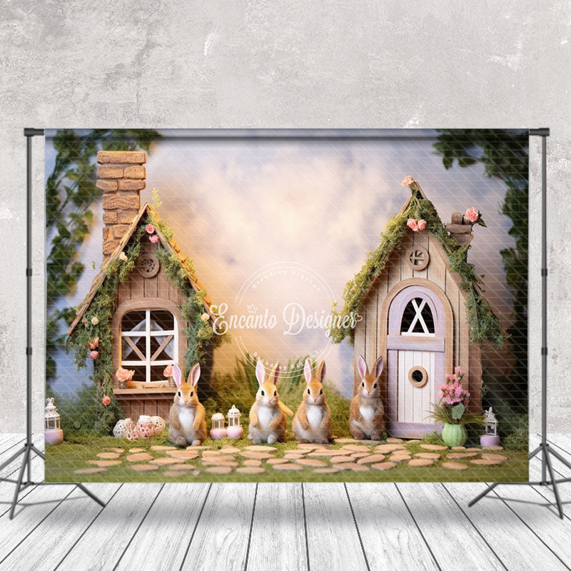 Lofaris Wooden House Rabbit Floral Lawn Easter Backdrop