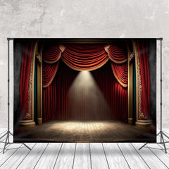 Lofaris Wooden Stage Red Curtain Light Photo Booth Backdrop