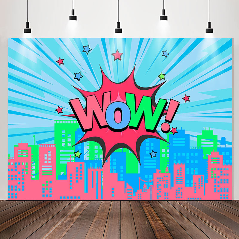 Lofaris Wow Star Pink Blue Building Girls Party Backdrop