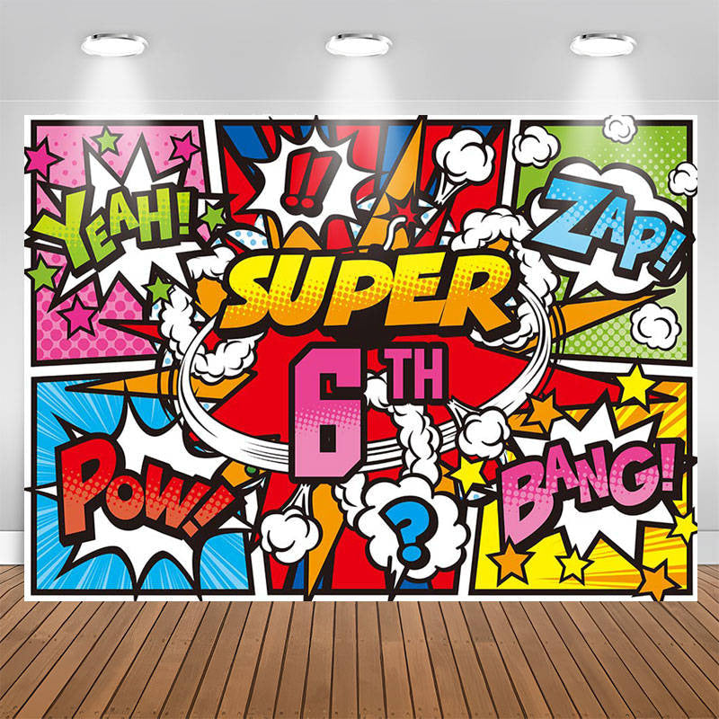 Lofaris Yeah Zap Pow Caricature Super 6th Birthday Backdrop