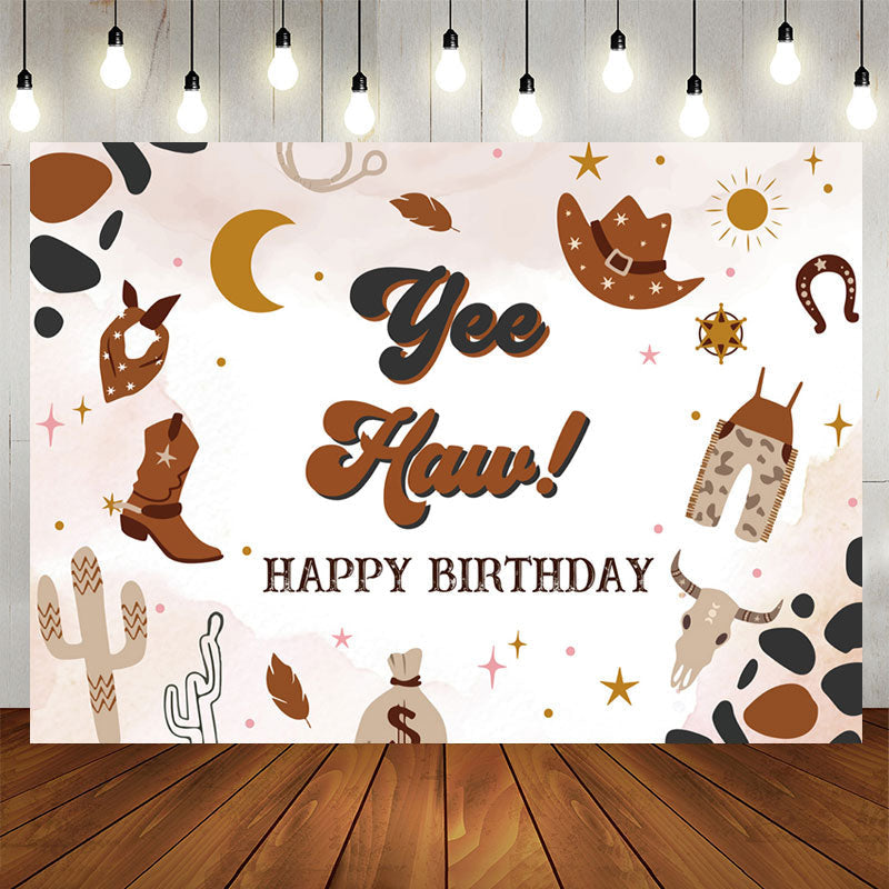 Lofaris Yee Haw Western Cowboy Brown Happy Birthday Backdrop