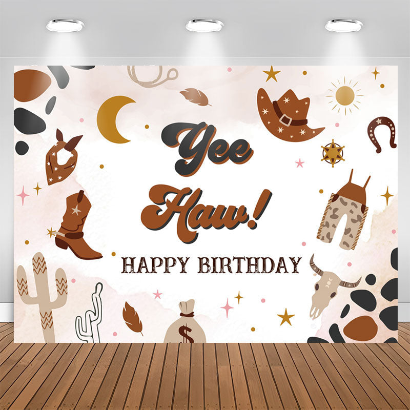 Lofaris Yee Haw Western Cowboy Brown Happy Birthday Backdrop