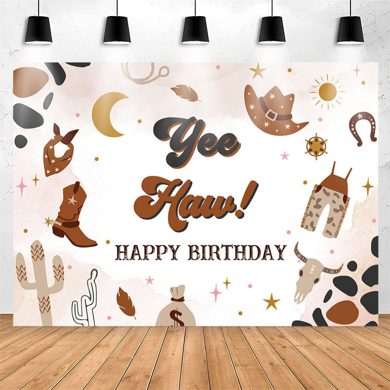 Lofaris Yee Haw Western Cowboy Brown Happy Birthday Backdrop