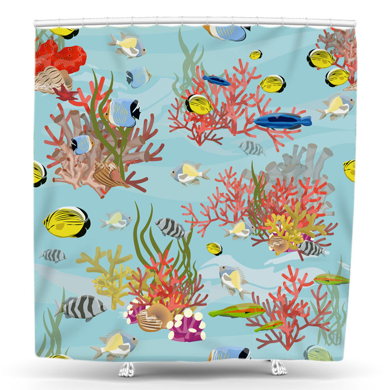 Lofaris Yellow Blue Clownfishes Red Corals Shower Curtain