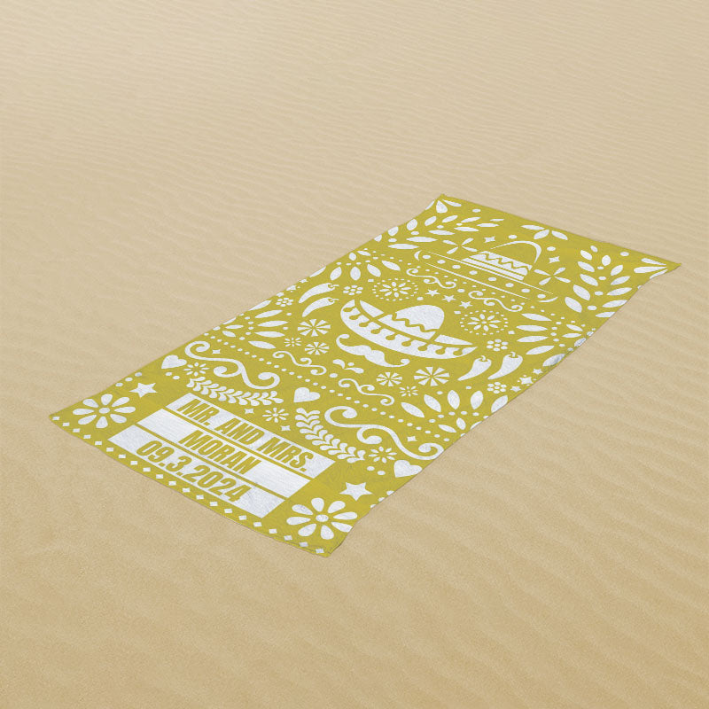 Lofaris Yellow Fiesta Custom Name Couple Beach Towel