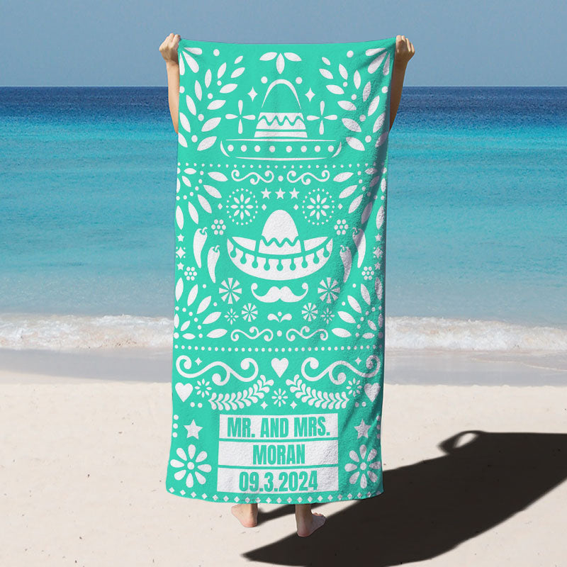 Lofaris Yellow Fiesta Custom Name Couple Beach Towel
