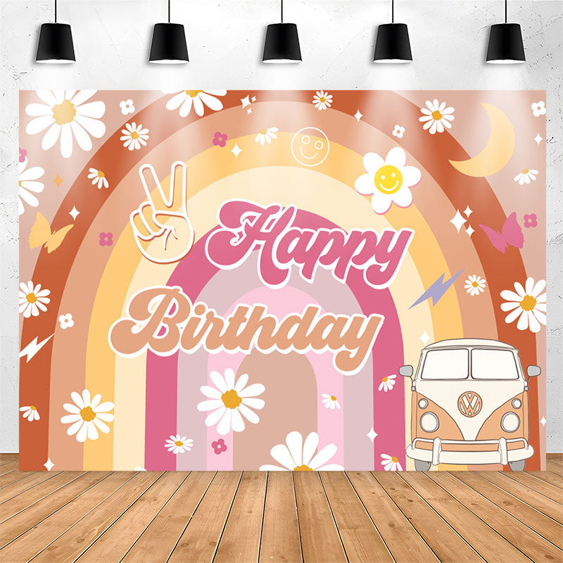 Lofaris Yellow Rainbow Daisy Truck Groovy Birthday Backdrop