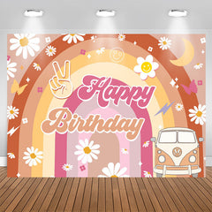 Lofaris Yellow Rainbow Daisy Truck Groovy Birthday Backdrop
