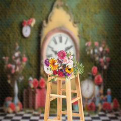 Lofaris Yellow Retro Clock Grass Wall Spring Photo Backdrop