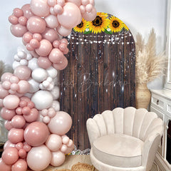 Lofaris Yellow Sunflower Retro Brown Wooden Arch Backdrop