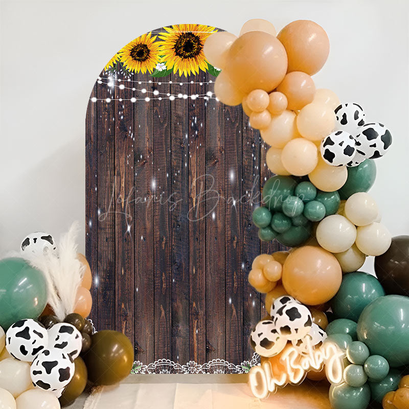 Lofaris Yellow Sunflower Retro Brown Wooden Arch Backdrop