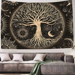 Lofaris Yellow Tree Moon Sun Stars Galaxy Wall Tapestry