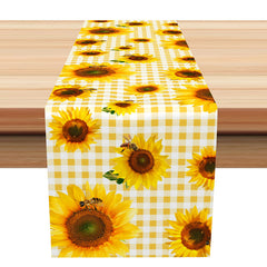 Lofaris Yellow White Checkred Plaid Sunflower Bee Table Runner