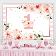 Lofaris 1st Birthday Pink Floral Stripe Backdrop for Girls