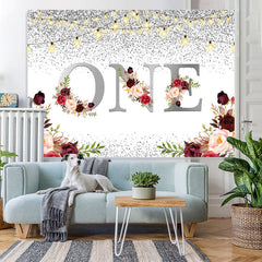 Lofaris 1st Burgundy Floral Glitter Silver First Birthday Backdrop