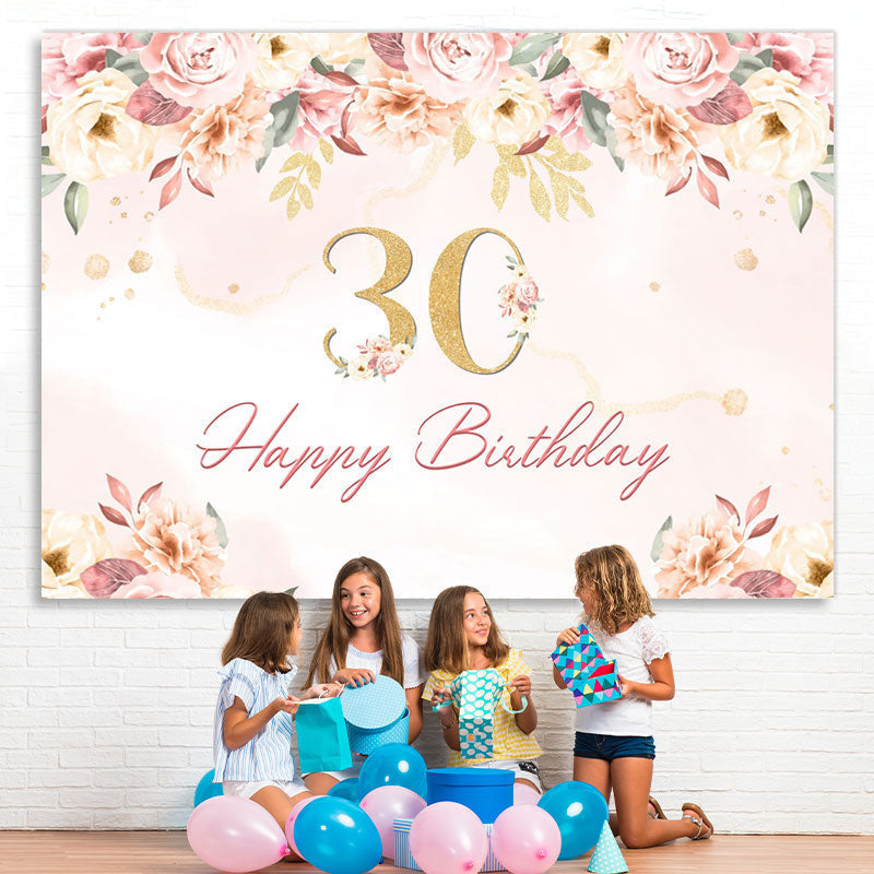 Lofaris 30th Happy Birthday Floral Pink Backdrop for Party