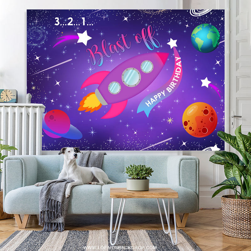 Lofaris 321 Blash Off Rocket Themed Happy Birthday Backdrop