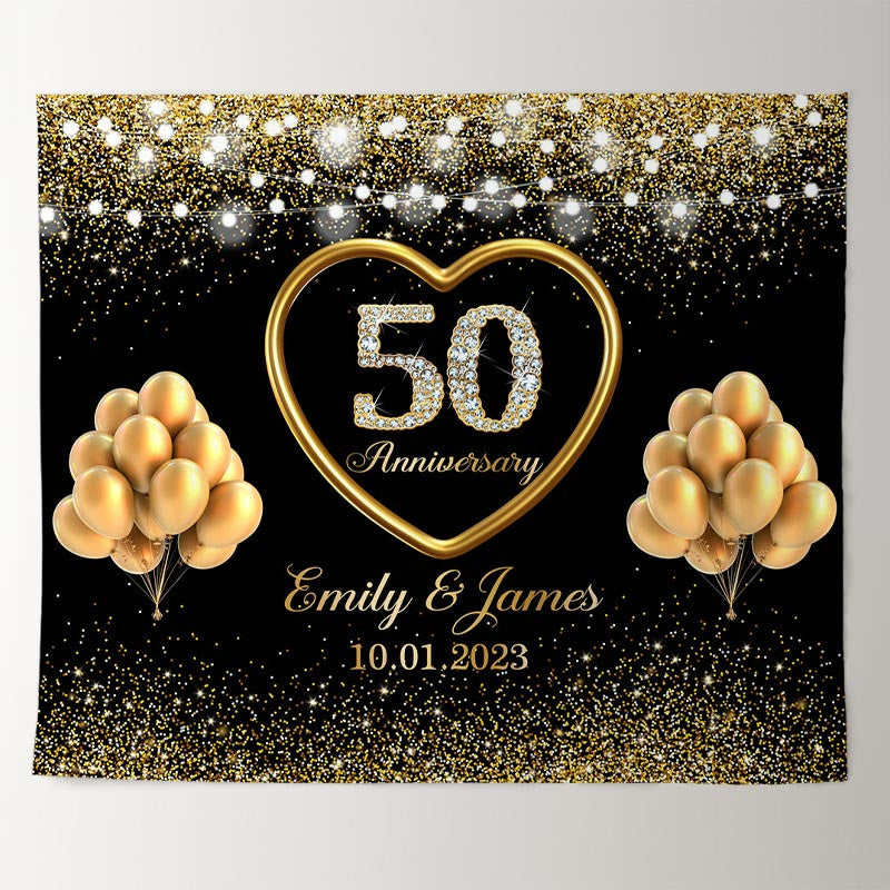 Lofaris 50th Anniversary Gold Glitter Balloon Black Backdrop for Wedding