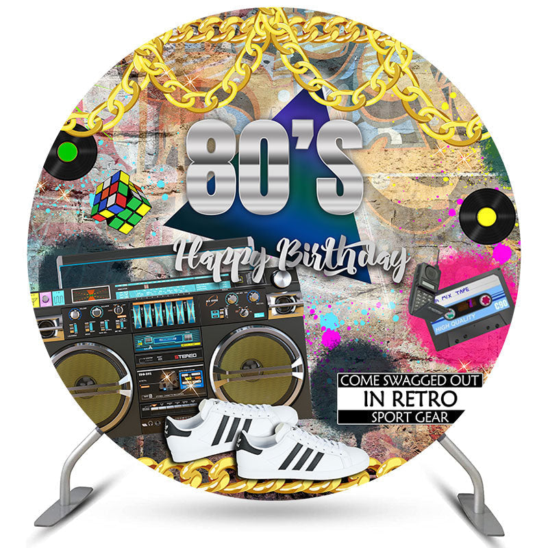 Lofaris 80S In Retro Sport Gear Round Happy Birthday Backdrop
