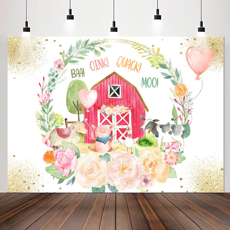 Lofaris Sparkle Floral Wooden House Animal Birthday Backdrop