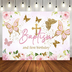 Lofaris Pink Gold Butterfly Baptism First Birthday Backdrop