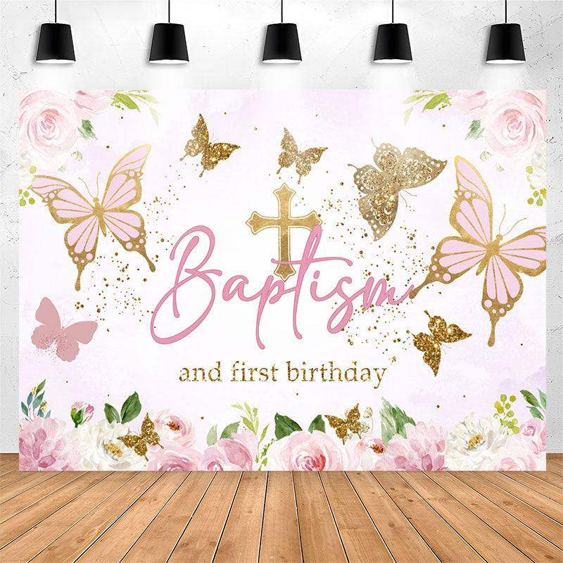Lofaris Pink Gold Butterfly Baptism First Birthday Backdrop