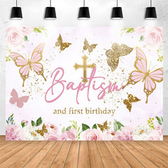Lofaris Pink Gold Butterfly Baptism First Birthday Backdrop