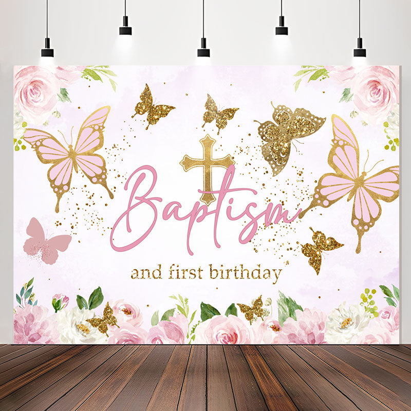 Lofaris Pink Gold Butterfly Baptism First Birthday Backdrop