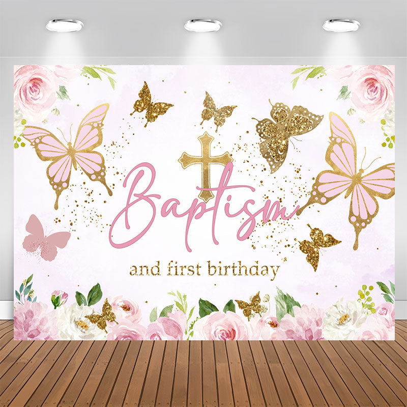 Lofaris Pink Gold Butterfly Baptism First Birthday Backdrop