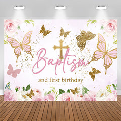 Lofaris Pink Gold Butterfly Baptism First Birthday Backdrop
