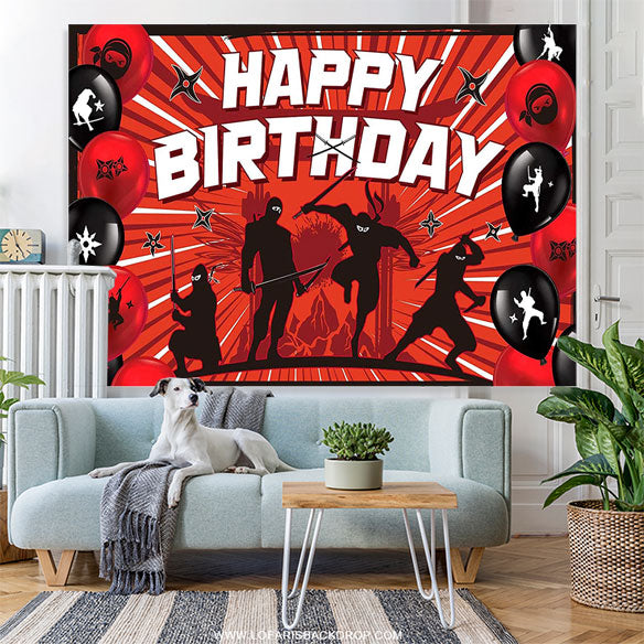 Lofaris Red Ninjas Theme Balloons Happy Birthday Backdrop