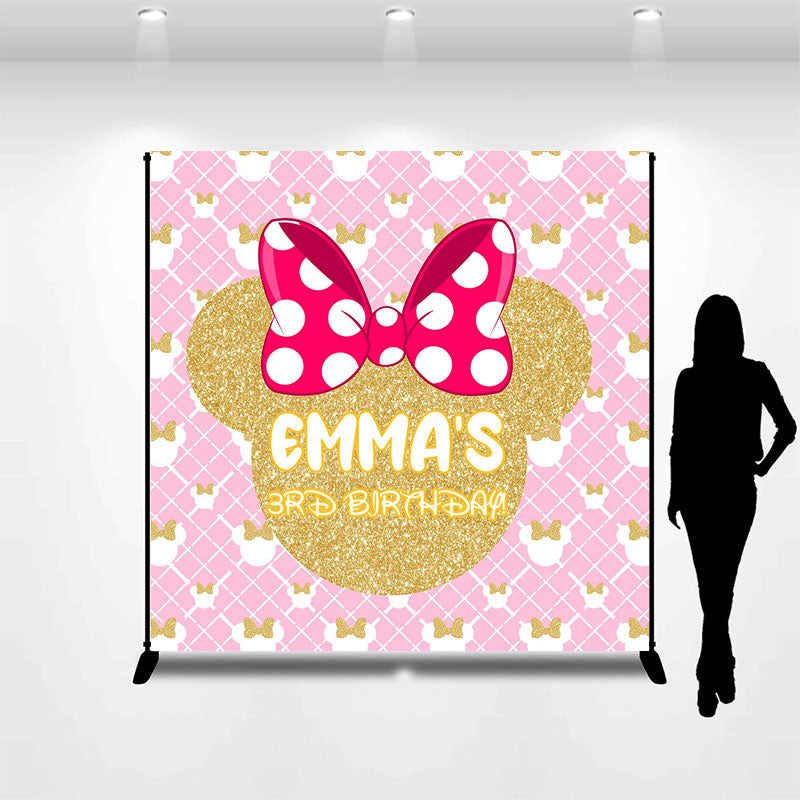 Lofaris Custom Name Pink Golden Mouse 3rd Birthday Backdrop