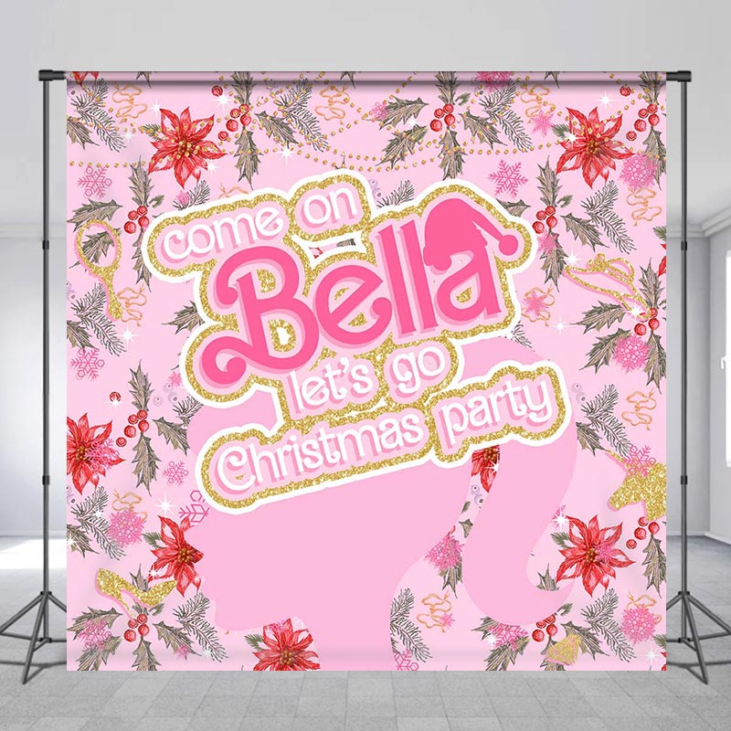 Lofaris Custom Name Pink Girl Floral Christmas Backdrop